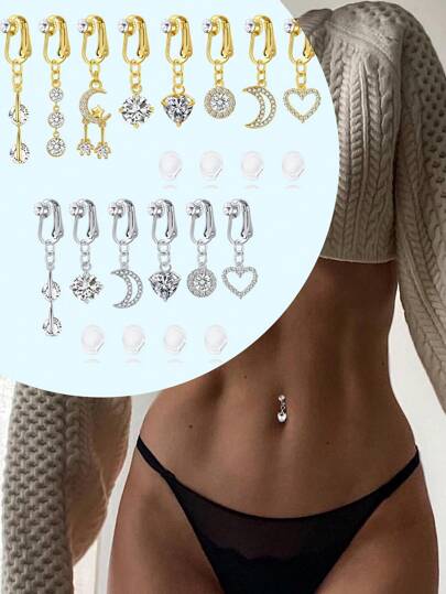 带硅胶垫的假肚脐穿孔夹肚脐穿孔假肚脐穿孔环蝴蝶，心形吊坠，非穿孔首饰，3 件装