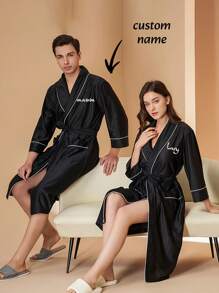1pc Personalized Women Plus Size Satin Robe, Shawl Collar Sleepwear Robe, Spa Bathrobe; 1pc Men's Long Sleeve Satin Robe Bathrobe Plus Size, Autumn Decorative Clothing Bathrobe, Wedding, Wedding Accessories, Bridesmaid Gift. Beach Essential Back To School Towel, Suitable For Salon, Hotel, Sports, Home Goods, Towel, Skincare - Multicolor - View 3