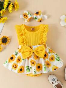 Mono de retazos para bebé niña, con estampado de flores, encaje, sin mangas, cuello redondo, lazo frontal y diadema - Amarillo - Ver 2