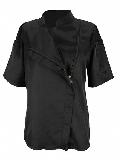 Women's Solid Color Stand Collar Chef Coat Spring Black
