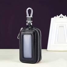 Black PU Leather Key Pouch With Clear Window Simple Style Dual-Zipper Coin Purse Non-Braided One Piece Holder Car Key Bag Halloween Gift Teachers Day Gift Men Gifts Gift For Women Mini Wallet