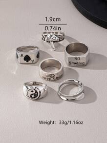 6 件套夸张金属鬼脸英文字母八卦元素戒指时尚朋克风格男士戒指