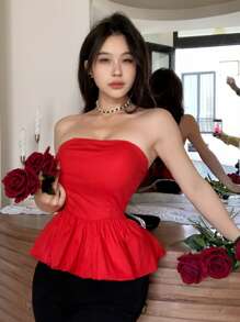 Solid Ruffle Hem Tube Top - Red - View 4