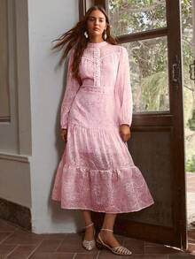 Simplee Women's Spring Summer New Mesh Floral Embroidered Lace Patchwork Dress, Party Formal Gown, Elegant Cocktail Dress, Wedding Guest, Vacation, Music Festival, Graduation, Renaissance - Baby Pink - View 5