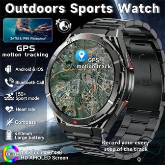 KENPANG 2025 年男士新款户外运动智能手表，GPS 双频六星定位系统，1.43 英寸（3.63 厘米）AMOLED 屏幕，无线通话，指南针，海拔/气压，超过 150 种运动模式，IP69K 防水智能手表，具有心率/睡眠健身追踪器功能的女士智能手表，适用于 Android 和 iOS，也是一份不错的礼物。