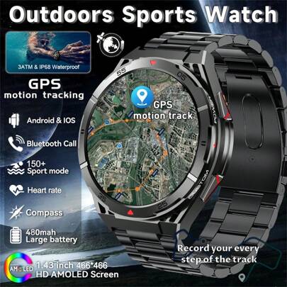 KENPANG 2025 年男士新款户外运动智能手表，GPS 双频六星定位系统，1.43 英寸（3.63 厘米）AMOLED 屏幕，无线通话，指南针，海拔/气压，超过 150 种运动模式，IP69K 防水智能手表，具有心率/睡眠健身追踪器功能的女士智能手表，适用于 Android 和 iOS，也是一份不错的礼物。