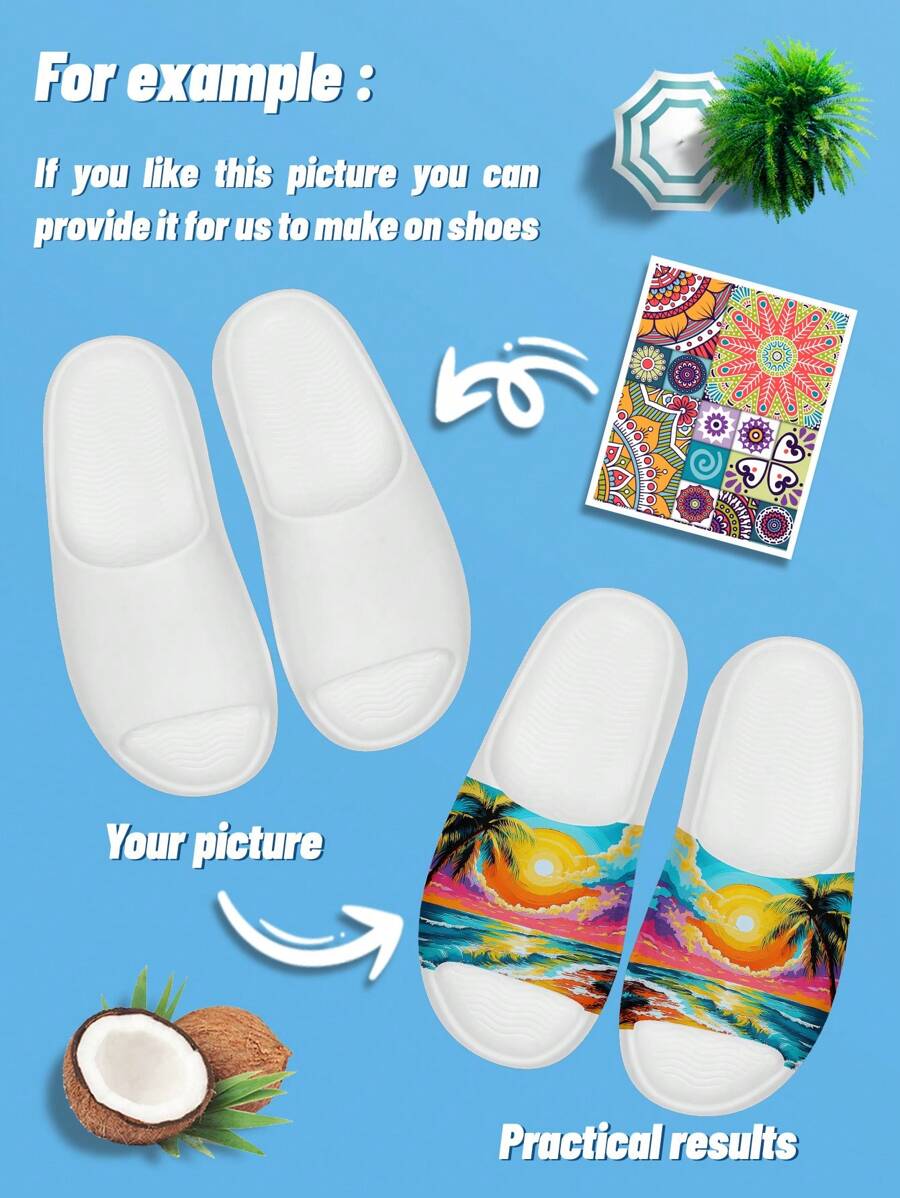 Men's Custom Photo Slides, Customized Personalized Photo Sandals With Interchangeable Hat Designs, Ultra-Soft Sole, Comfortable, Non-Slip, For Indoor And Outdoor, Beach And Home, Customized Gift For Mom/Dad/Her/Him/Girlfriend/Boyfriend/Wife/Husband/Friend - White - View 1