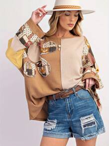 Women's Spring Tops O Neck Long Sleeves Waffle Splicing Daisy Pattern Loose Comfortable Casual Fashion T-Shirts - Khaki - View 5