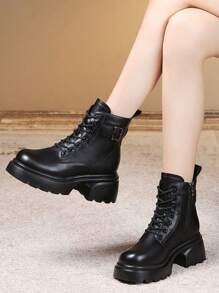 Botas de mujer, estilo vintage, puntera redonda, con cierre de cremallera - Negro - Ver 2