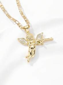 1 件欧式 14K 金分层浮雕铜镶嵌锆石天使丘比特射手吊坠项链，适合送给母亲/情侣/朋友/教母的礼物，日常和节日佩戴 - 金黃色 - 查看 2