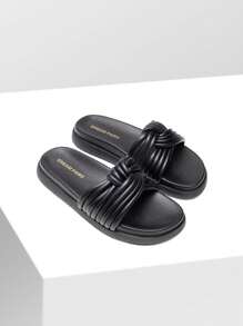Women Open Toe Slide Sandals Knotted Padded Tubular Straps Leisure Slip On Flat Sandals Summer Casual Chic Comfort Daily Shoes - 黑色 - 查看 5