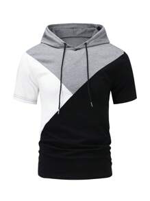 Men's Sports Casual Tri-Color Splice Design Short Sleeve Hoodie T-Shirt & Shorts Set, Outdoor Sports Tracksuit For Running & Fitness