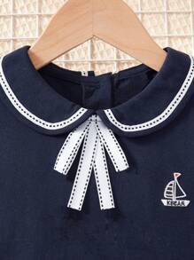 Girls Casual Peter Pan Collar Bow Decor Mini Dress, Elegant College Style Short Sleeve Princess A-Line Dress, Summer New Arrival - Blue - View 4