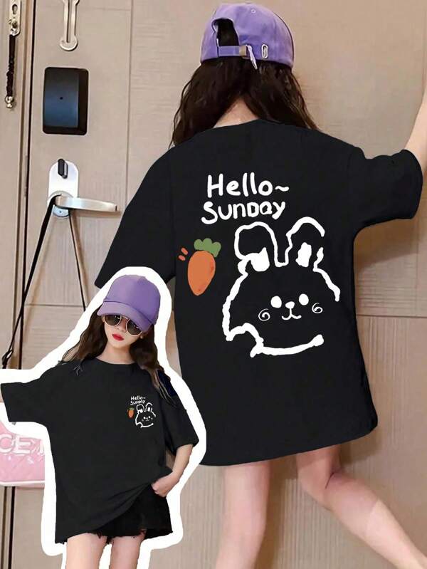 Tween Girl 8-14 Years Old Reversible Carrot & Rabbit Graphic Short Sleeve T-Shirt, 1pc