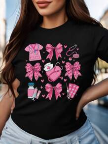 Oversized Style For Women, Pink Valentine Nurse Tshirt, Valentine Nurse Coquette Tshirt, Cupids Favorite Nurse Tee, Nurse Valentines Tshirt Design, Valentines Day, Oversize Type Shirt For Women, Perfect For Holiday Parties Or Gift Giving, Soft And Comfortable - 黑色 - 查看 1