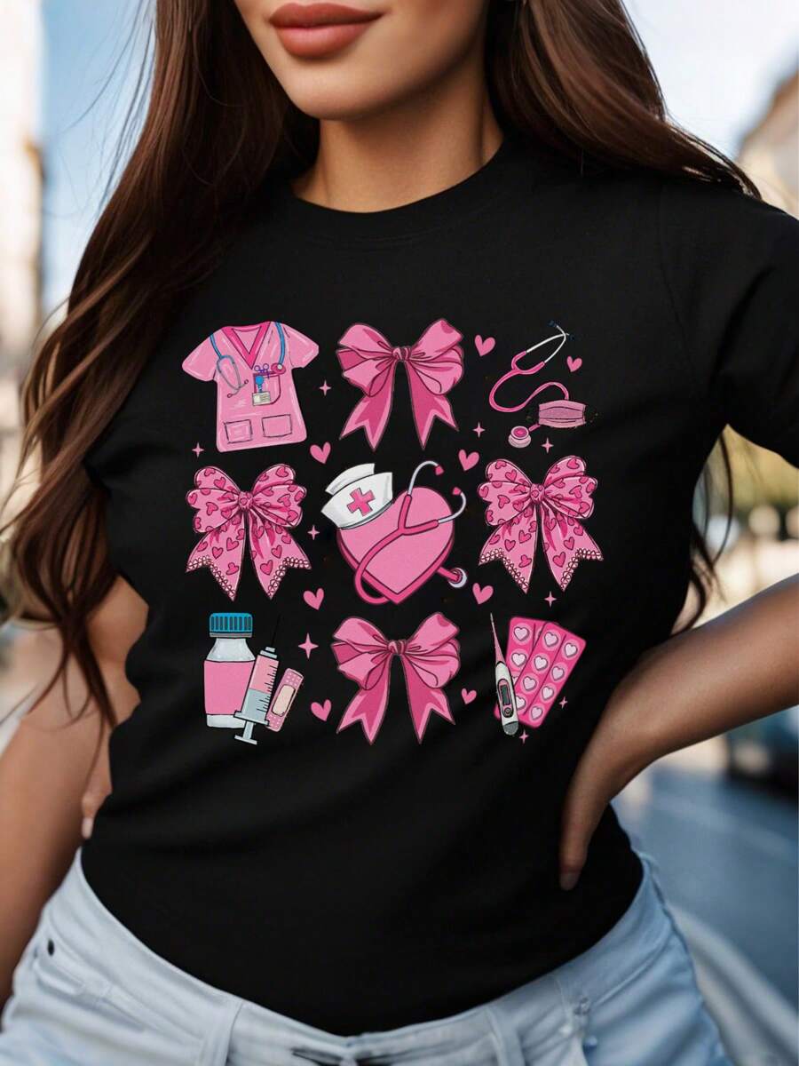 Oversized Style For Women, Pink Valentine Nurse Tshirt, Valentine Nurse Coquette Tshirt, Cupids Favorite Nurse Tee, Nurse Valentines Tshirt Design, Valentines Day, Oversize Type Shirt For Women, Perfect For Holiday Parties Or Gift Giving, Soft And Comfortable - 黑色 - 查看 1