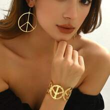 3pcs Set European & American Style Exaggerated Vintage Peace Sign, Minimalist Geometric Open Cuff Bracelet And Stud Earrings For Women - Type a - View 7