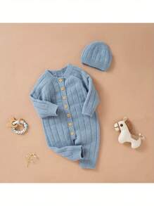 Infant Winter Jumpsuit And Cap, Solid Color Long Sleeve Single-Breasted Knitted Romper, 0-18 Months - Màu xanh lam - Xem 3