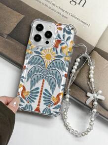 1 szt. Przezroczyste spersonalizowane modne pogrubione czterorożne etui ochronne na telefon z motywem drzewa kokosowego i kwiatów, kompatybilne z iPhone11 12 13 14 11Promax 12Promax 13Promax 14Promax XR 15 15PRO 15PROMAX, seria GalaxyA05/A15/A25/A35/A53/A54/A55/S23/S24, w zestawie z delikatnym sznurkiem