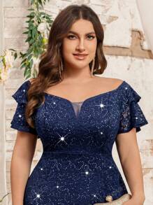 Vestido largo de fiesta, baile de graduación, boda, con hombros descubiertos, mangas con volantes, lentejuelas, encaje floral, contraste de malla, volantes en el bajo, para ocasiones especiales