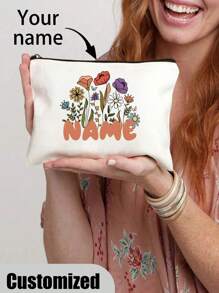 [Custom Made] Polyester Flower Design Cosmetic Bag For Women - Waterproof, Large Capacity,Personalized Name,Unscented, Portable Zip Makeup Pouch, Travel Essential, Gift For Flower Lovers - Exclusive Gift