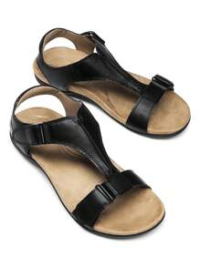 Women's Arch Support Flat Sandals T-Strap Orthopedic Sandals With Adjustable Hook And Loop Strap Simple Comfortable Summer Vacation Casual Beach Sandals Shoes - 黑色 - 查看 6