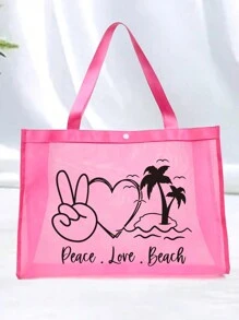Deace Love Beach Letters Scissor Hands, Hearts And Coconut Trees Pattern Gauze Shoulder Bag, Room Decor, Bags, Makeup Bag, Vanity, Travel, Make Up Bag, Travel Essentials, Organizer, Storage, Travel Essential, Makeup Organizer, Makeup Bags, Washing Bag, Desk Organizer, Cosmetic Bag, Makeup Pouch, Makeup Organizer, Vanity Accessories, Makeup Pouch, Makeup Bags, Gifts for Women, Christmas Gifts, Gift Ideas for Women, Pouch, Makeup Pouch, Travel Essential - 粉色 - 查看 3