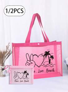 Deace Love Beach Letters Scissor Hands, Hearts And Coconut Trees Pattern Gauze Shoulder Bag, Room Decor, Bags, Makeup Bag, Vanity, Travel, Make Up Bag, Travel Essentials, Organizer, Storage, Travel Essential, Makeup Organizer, Makeup Bags, Washing Bag, Desk Organizer, Cosmetic Bag, Makeup Pouch, Makeup Organizer, Vanity Accessories, Makeup Pouch, Makeup Bags, Gifts for Women, Christmas Gifts, Gift Ideas for Women, Pouch, Makeup Pouch, Travel Essential - 粉色 - 查看 1