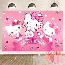 Sanrio 1 striscione decorativo di sfondo per festa di compleanno a tema cartone animato gattino rosa e bianco di Sanrio, decorazioni per doccia, accessori per feste, tappezzeria da camera da letto, sfondo fotografico, 210 x 150 x 100 / 100 x 75 cm