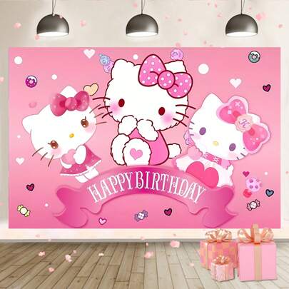  1 Sanrio 粉白小猫生日派对装饰背景横幅卡通主题派对装饰用品卧室挂毯照片背景展位道具 82.7 * 59.1 * 39.4/39.4 * 29.5 英寸