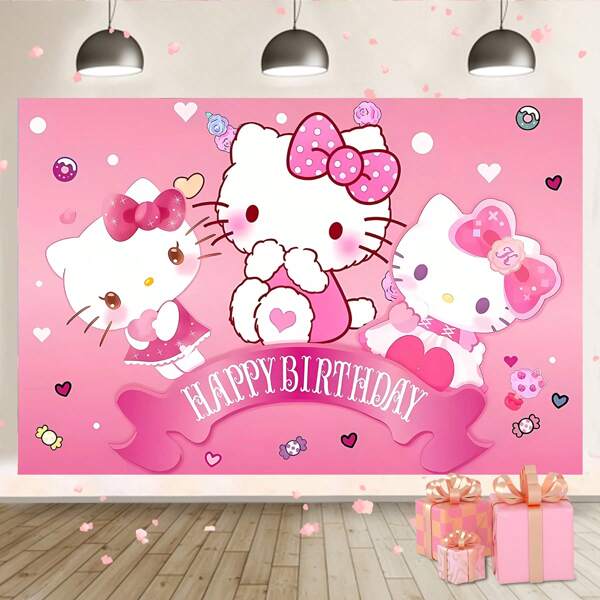 Sanrio 1 striscione decorativo di sfondo per festa di compleanno a tema cartone animato gattino rosa e bianco di Sanrio, decorazioni per doccia, accessori per feste, tappezzeria da camera da letto, sfondo fotografico, 210 x 150 x 100 / 100 x 75 cm