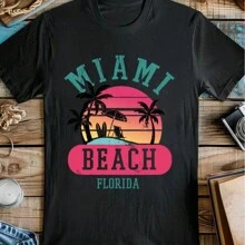 Miami Beach Women's Single Side Printed Short Sleeve T-Shirt Round Neck Summer Fashion Solid Basic T-Shirt Tops Casual Summer Shirts - Black - View 2