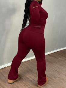 Women'S Plus Large Size Two-Piece Set Of Solid Color Simple Slim Long Sleeve Top And Pants - Màu Đỏ Sâu - Xem 1