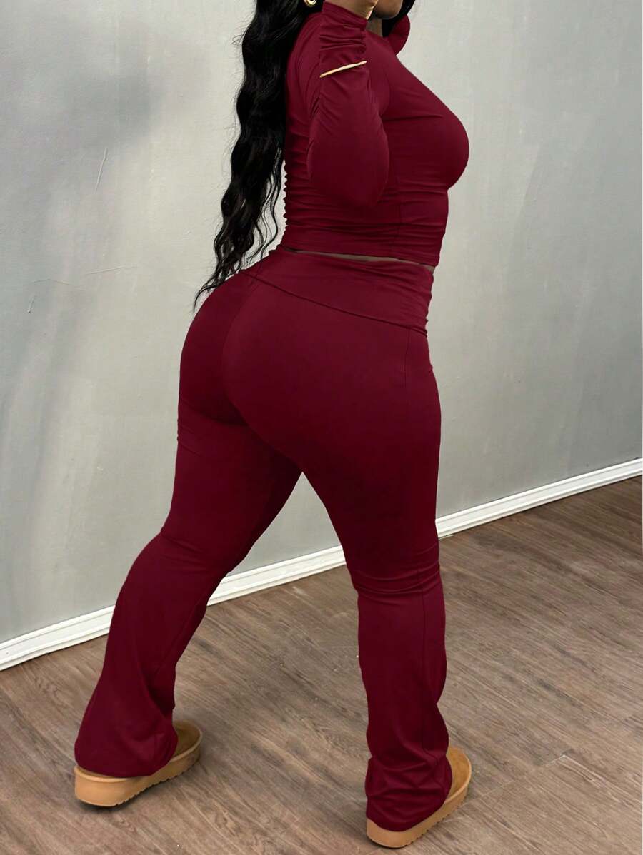 Women'S Plus Large Size Two-Piece Set Of Solid Color Simple Slim Long Sleeve Top And Pants - Màu Đỏ Sâu - Xem 1