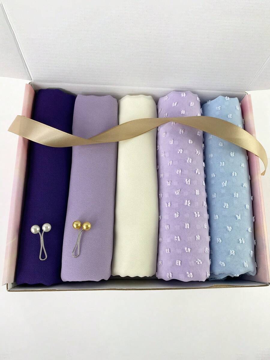 1 Box Set Chiffon Hijab (5pcs Hijabs + 2pcs Hijab Clips) - Multicolor - View 1