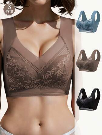 3pcs Women's Seamless Mesh Lace Bra, Beautiful Back Wrap Bra, Wire-Free Tube Top For Women, Push-Up, Comfortable, Lifting, Smooth, Thin And Soft Back, Sleep, Leisure, Yoga, Buttonless Pullover Sexy Women's Bra Suit, Padded Bra.