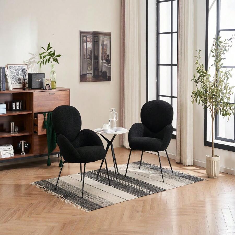 LITZEE Tocador con patas de metal y terciopelo Teddy, silla de ocio moderna con reposabrazos característicos de tela suave acolchada, adecuada para sillas de maquillaje de salón y dormitorio (negro) - Negro - Ver 1