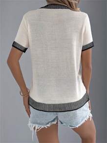 Women's Round Neck Contrast Stripe Pocket Short Sleeve Knit Top, Beach Holiday Vacation, Summer - Apricot - View 2