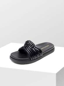 Women Open Toe Slide Sandals Knotted Padded Tubular Straps Leisure Slip On Flat Sandals Summer Casual Chic Comfort Daily Shoes - 黑色 - 查看 7