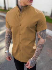 Men's Dress Shirt Padre Collar Fashion Beach Short Sleeve - 米色 - 查看 3