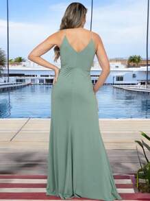 Long Party Dress With Lined Cups, Elasticity, Straps In Shiny Rhinestones, Cut-Out, Front Slit, Fluid Mesh, Fluid And Elegant Fit, One Size Fits 36 To 42 - Olive Green - View 3