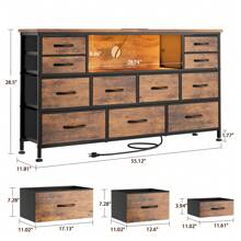 GIKPAL Dresser TV Stand For Living Room With 11 Fabric Drawers, Dresser For Bedroom With Power Outlets And RGB LED Lights, Open Shelf, Chest Of Drawers For Entryway Closet - 鏽棕色 - 查看 3