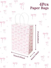 4pcs Pink Bow Paper Gift Bags, Party Favor Bags Handle Bags, Wedding Gifts Bag, Birthday Gifts Bags, Paper Wrap Bags Portable Tote Retail Shopping Bags, Party Gift Bags Packaging Supplies Packaging Bags, Birthday Party Gifts Favor