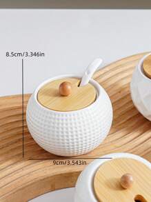 1 Set Ceramic Kitchen Storage Jars With Bamboo Wood Tray & Ceramic Spoon, Scandinavian Minimalist Japanese Style Creative Textured Dinnerware, Kitchen Storage Canisters, Diamond, Wavy, Bird Nest Pattern, Hotel Restaurant Home Kitchen Essentials, Round Bamboo Wood Lid Spice, Pepper, Salt, Sugar Seasoning Storage Jars