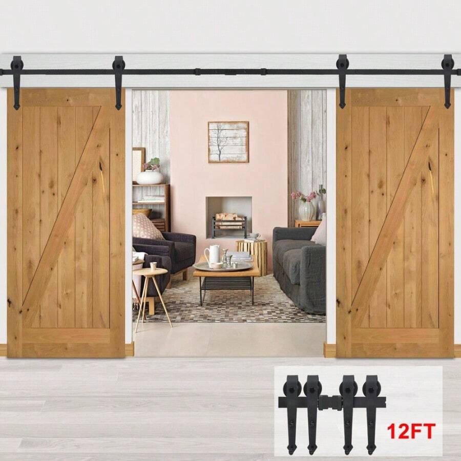 12FT Double Sliding Barn Door Hardware Kit With Rollers 36"-40" Wide Door Panel - 1 - View 1