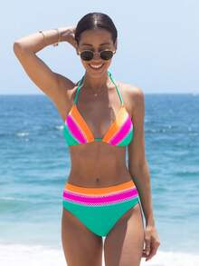 popvil Boho Embroideried Color Block Bikini Set - Multicolor - View 2