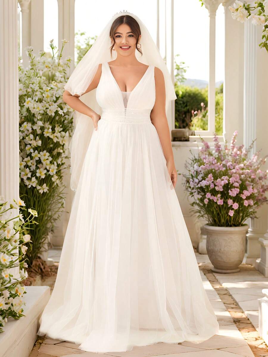 大碼珍珠亮片腰及地網紗婚紗連衣裙不附面紗