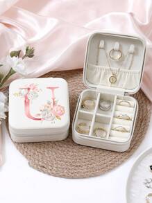 A-Z Floral Letter Pattern Travel Jewelry Box, Portable Zipper Travel Jewelry Storage Box, Gift Box For Women, PU Leather Waterproof Jewelry Box For Rings, Pendants, Earrings, Necklaces, Etc. - Gift Boxes For Girls And Women, Sun Travel Cool Back To School
