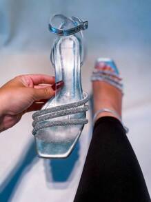 Women's Sandal With 3 Rhinestone Straps, Mid-Heel, Cup Style - Silver Metallic - View 4