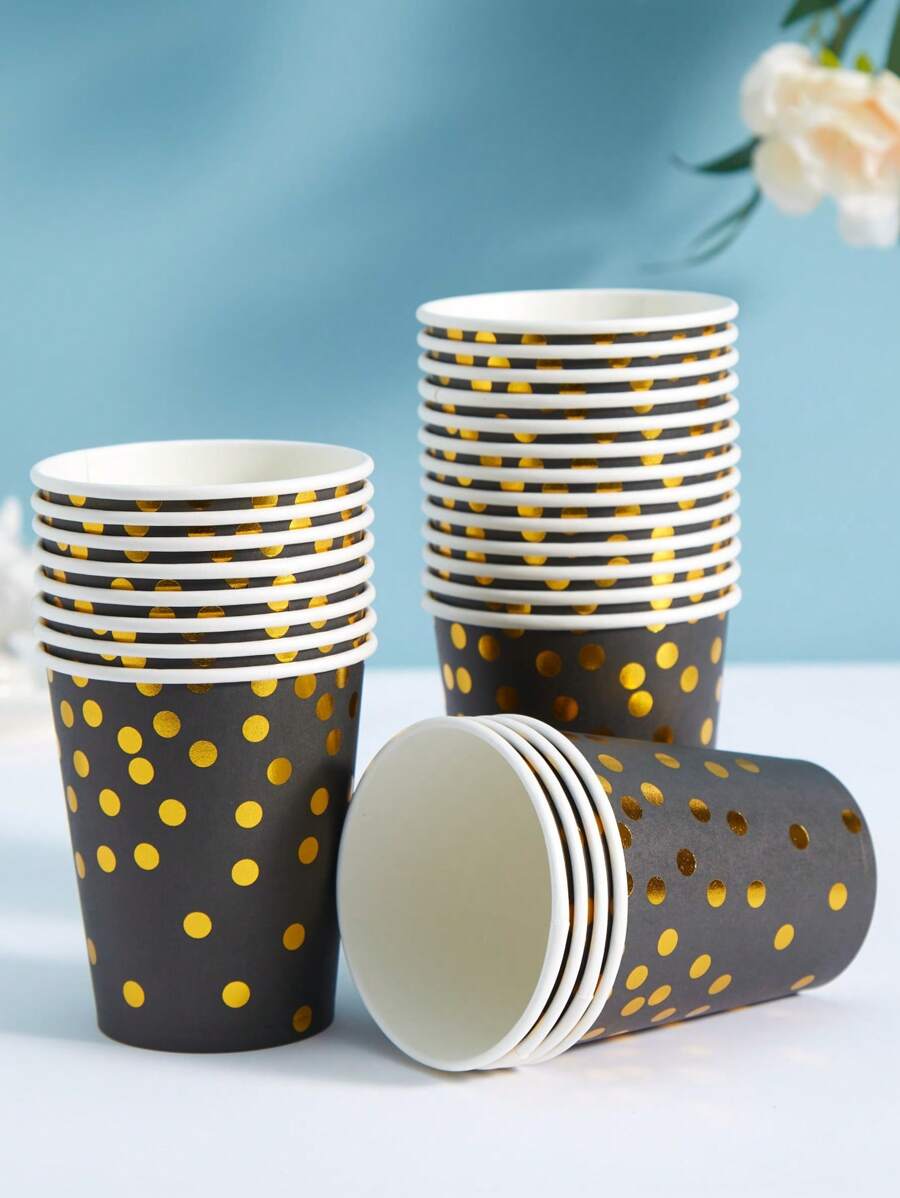 10/25 个 9 盎司黑色纸杯，带金箔圆点，优雅的金属金箔圆点设计一次性派对杯，适合生日派对、晚宴、庆祝活动 - 彩色 - 查看 1